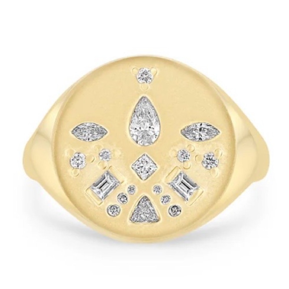 14K DIAMOND MOSAIC BRUSHED GOLD ROUND SIGNET RING